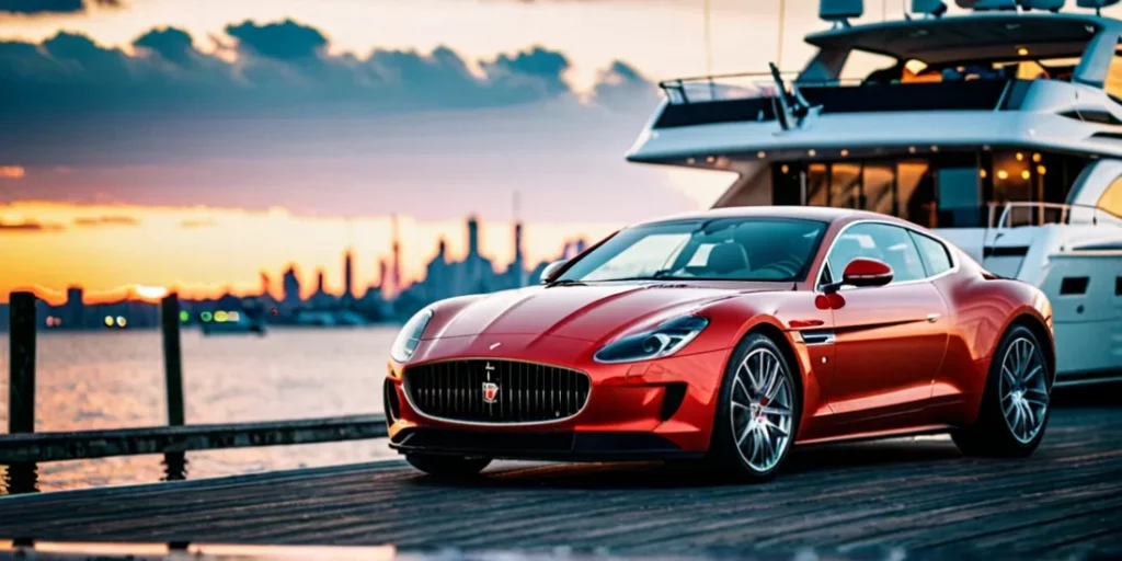 expensive red car on the pier